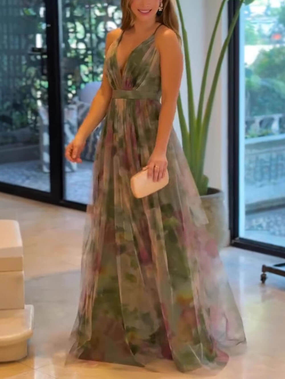 Elegant Casual Mesh Print Suspender Wide Swing Maxi Dress