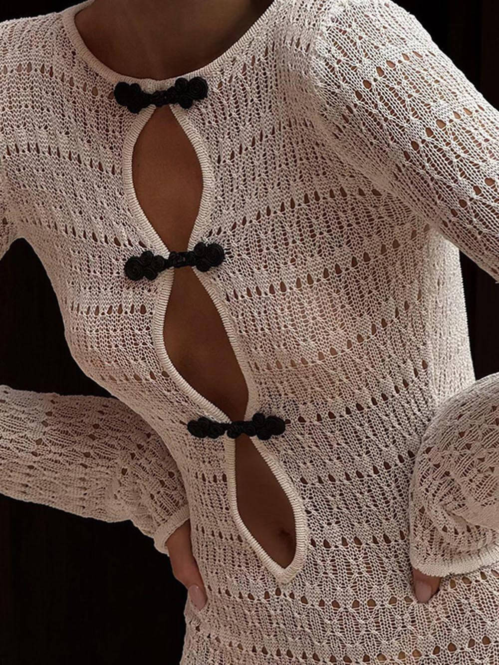 Retro Knit Contrast Spiral Trim Cutout Long Sleeve Vacation Maxi Dress