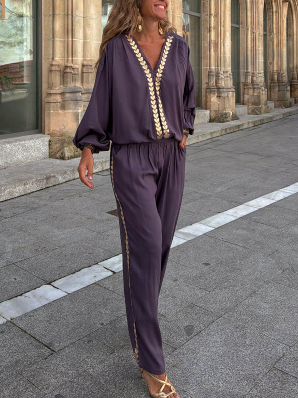 Modern Feel Unique Gold Trim And Elastic Cuffs V-Neck Top