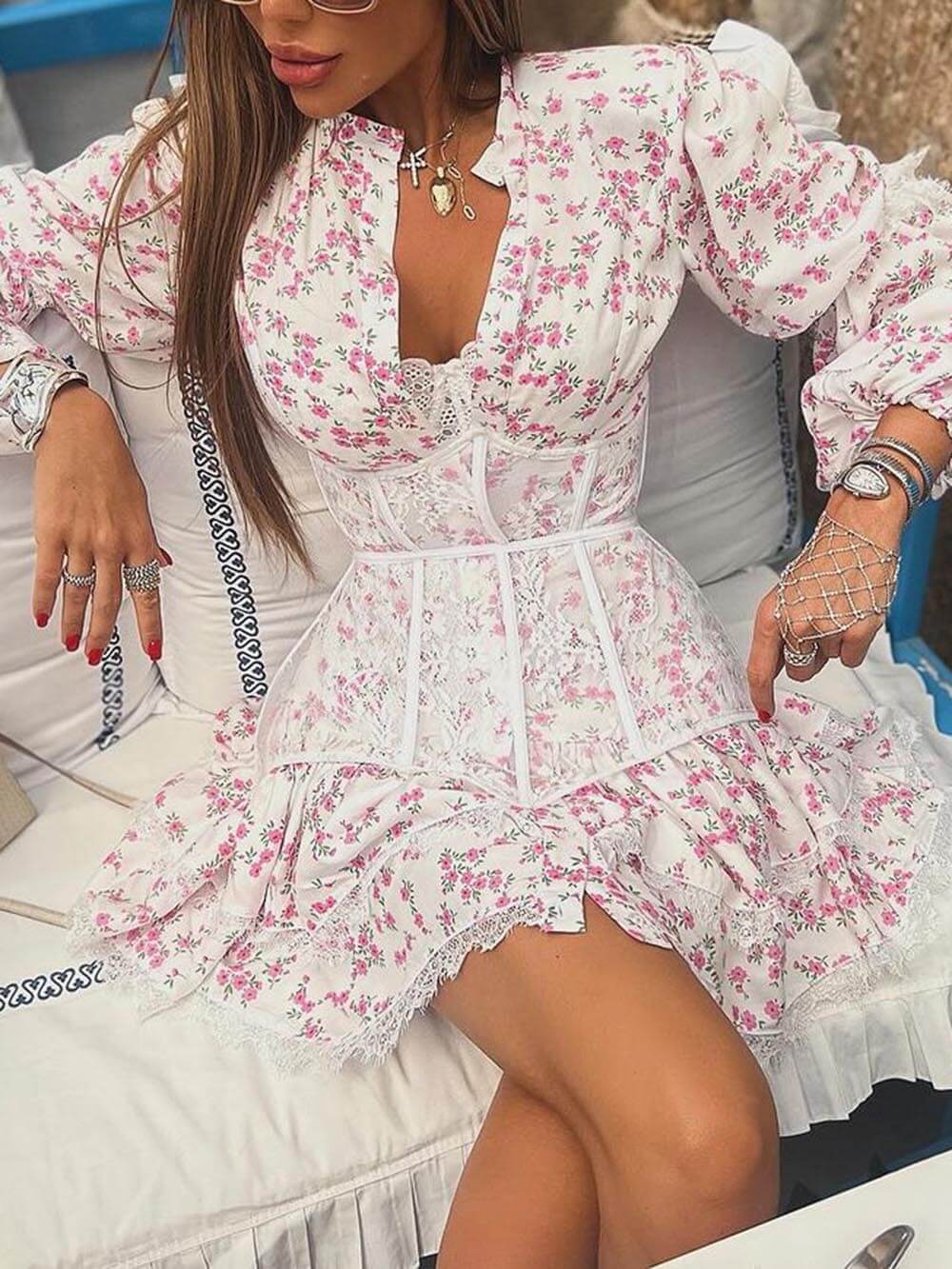 Sweet Floral Print Waisted Long Sleeve Lace Mini Dress
