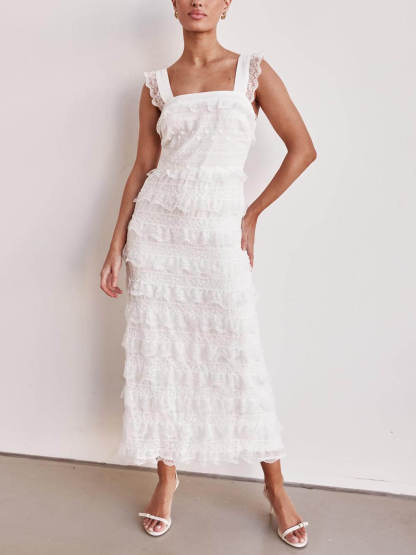Delicate Layered Lace Detail A-Line Hem Maxi Dress