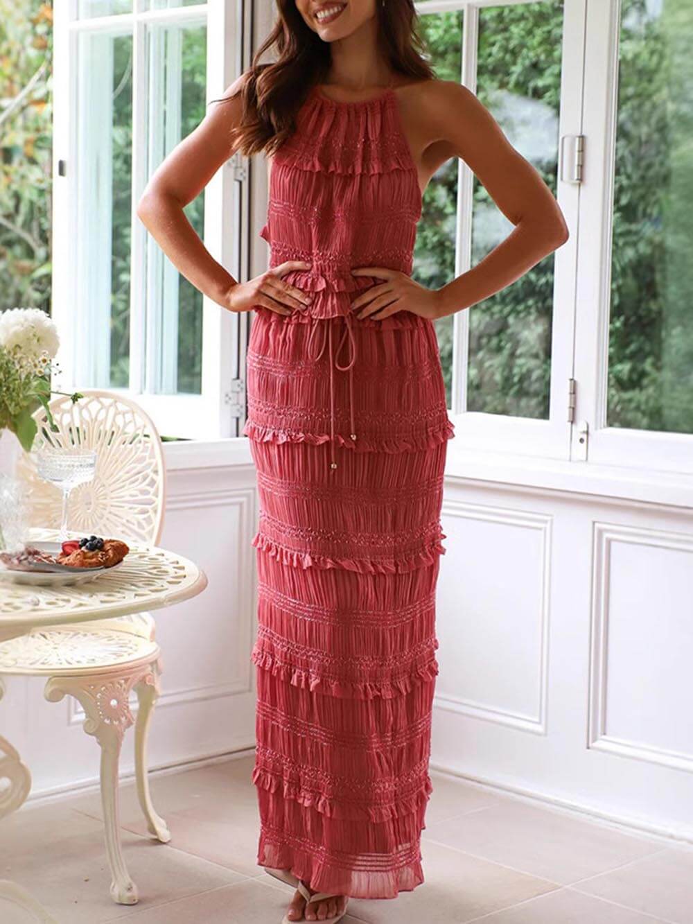 Charm Pleated Drawstring Elastic Waist Tiered Maxi Skirt