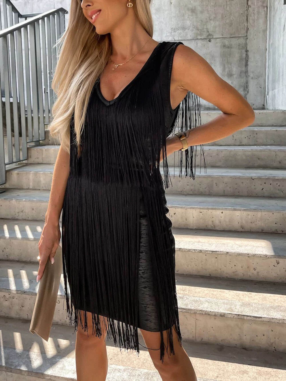 Sexy Slim Fit V-Neck Tassel Hip Mini Dress