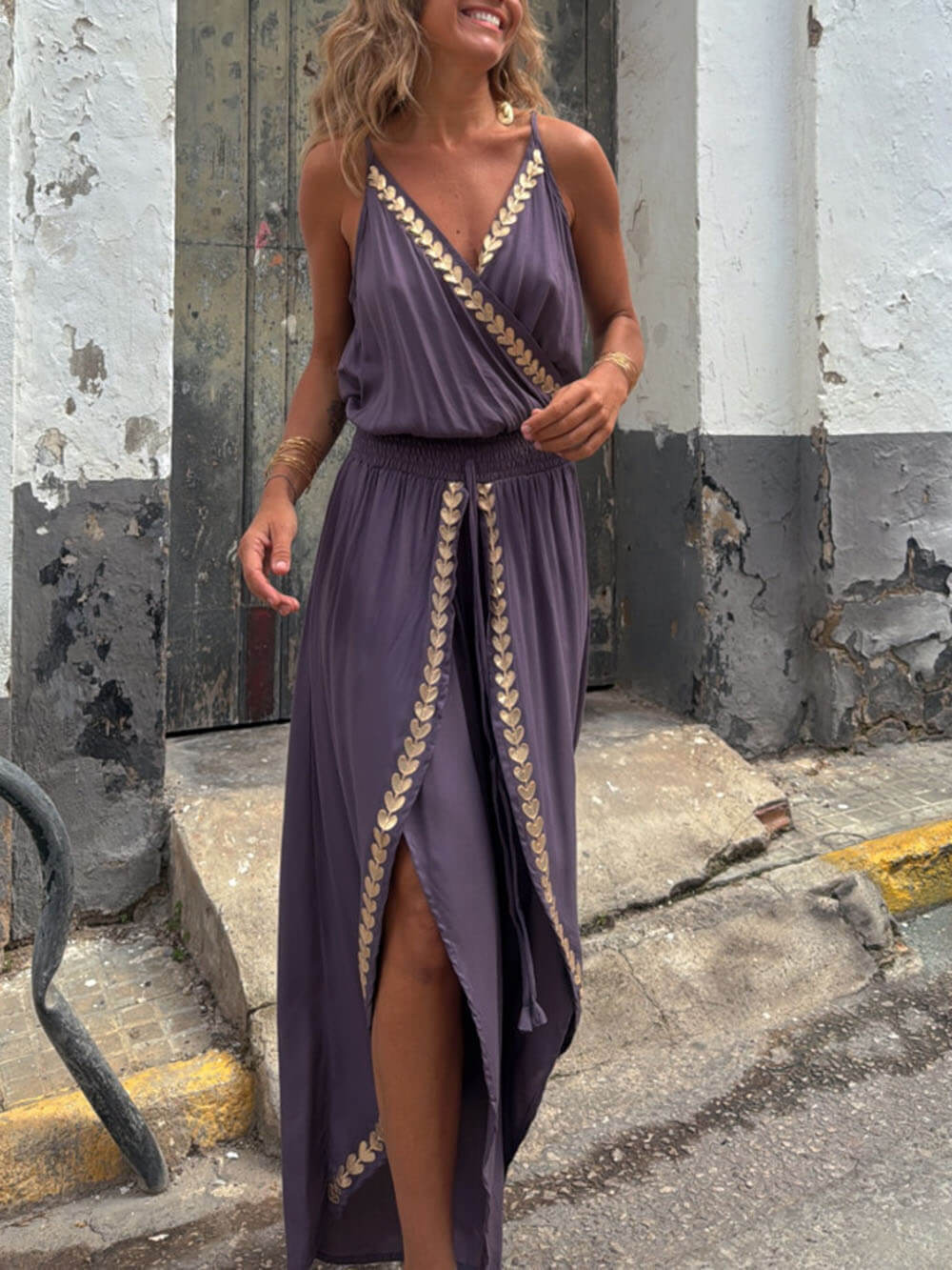 Unique Gold Trim Cross-Neck Elastic Waist Drawstring Slit Jumpsuit