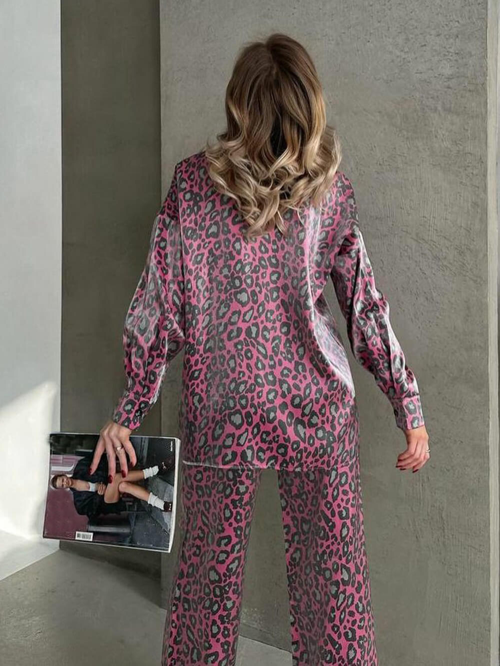 Unique Leopard Print Long-sleeved Top and Loose Elastic Waist Tie Pants Set