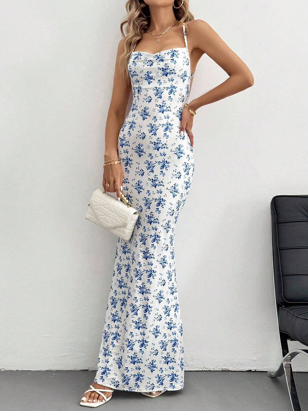 Sweet And Fresh Halter Back Floral Print Holiday Style Maxi Dress