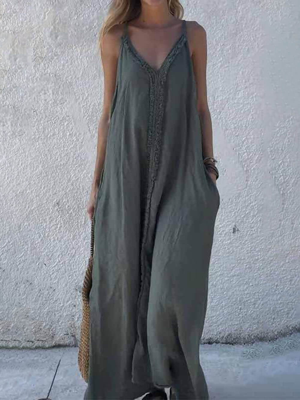 Modern Unique Lace Decoration V-Neck Suspender Maxi Dress