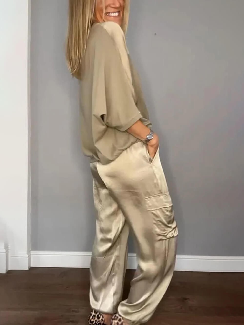 Smooth Satin Half-sleeved Top and Pant Suit Two-Piece