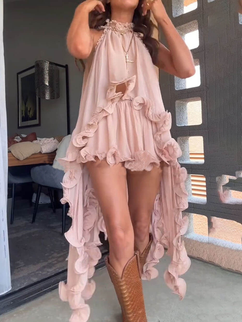 Delicate Romantic Drama Chiffon Wavy Ruffles Elastic Waist Loose Shorts