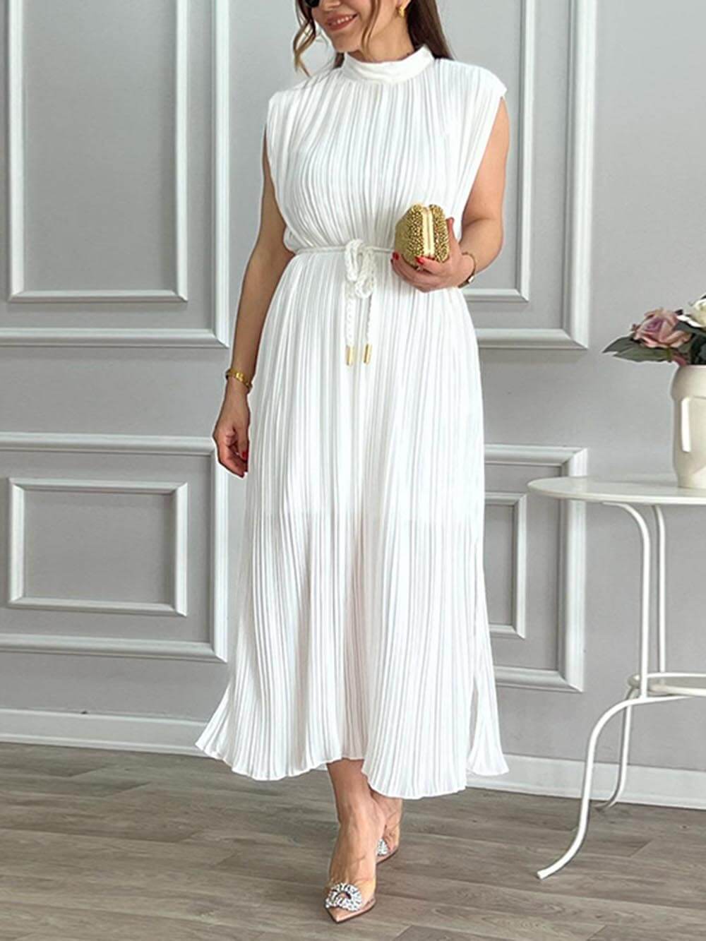 Elegant Pleated Half-High Collar Tie Midi Dress