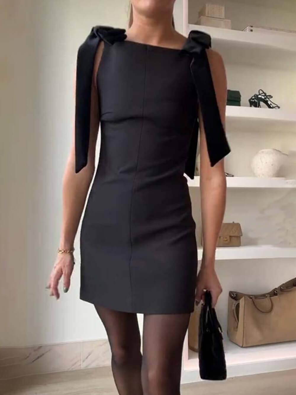 Elegant Bow Straps Straight Neckline Mini Dress