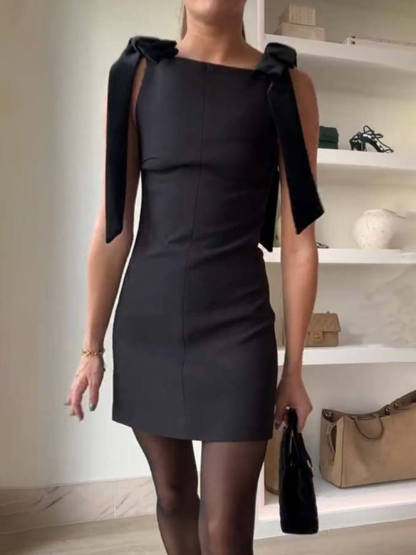 Elegant Bow Straps Straight Neckline Mini Dress