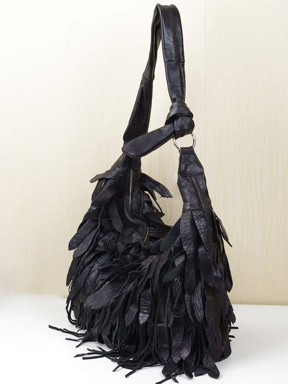 Casual Black Striped Tassel Personality Hobo Shoulder Bag