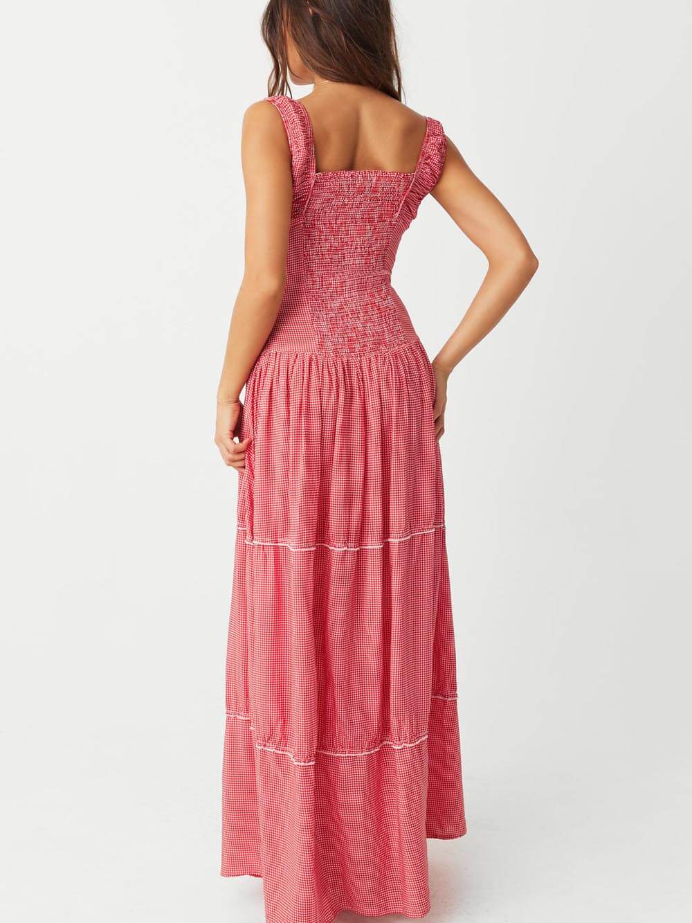 Vintage French Check Print Suspenders Drawstring Pleated Ruffle Maxi Dress