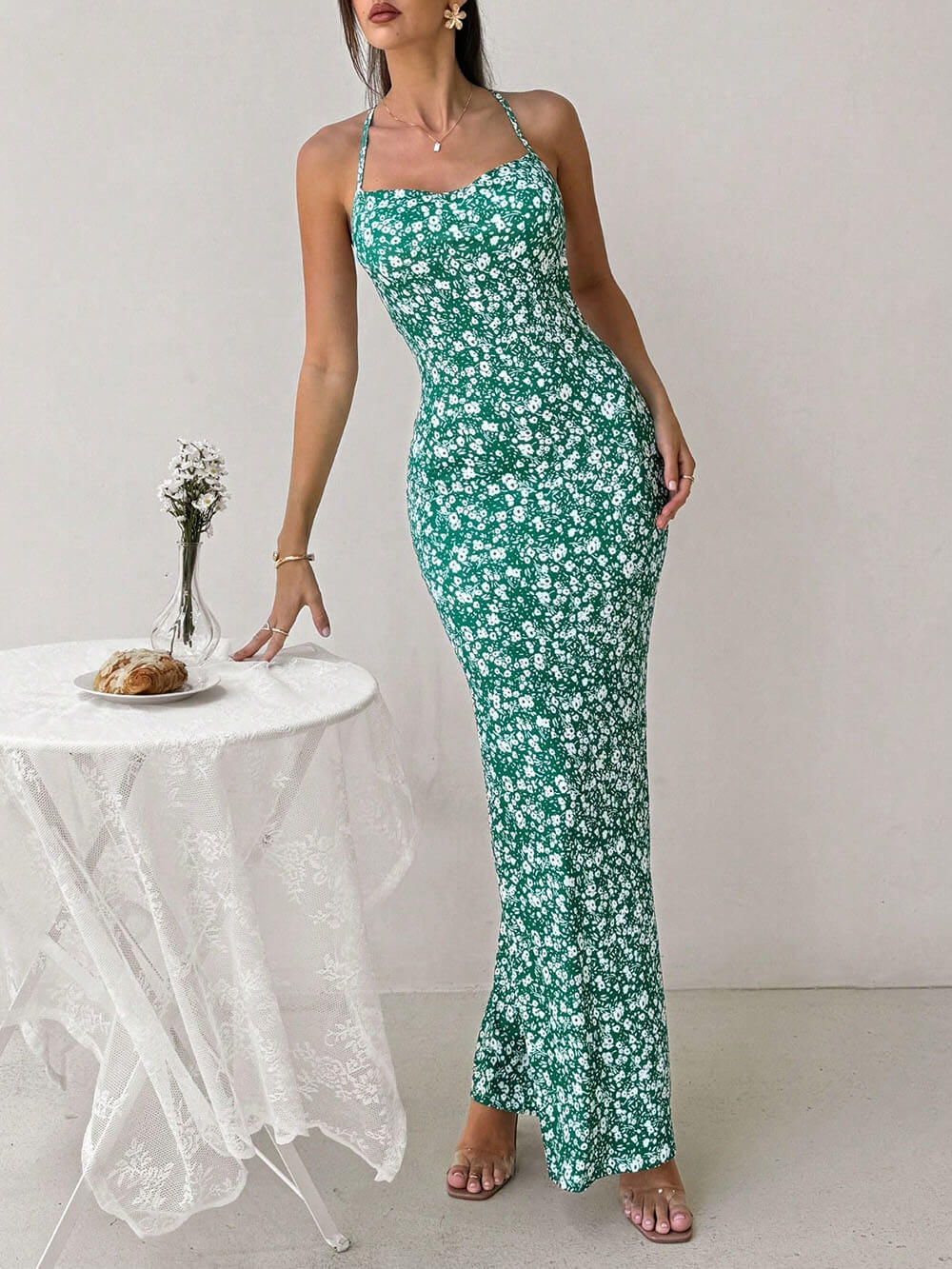 Sweet And Fresh Halter Back Floral Print Holiday Style Maxi Dress