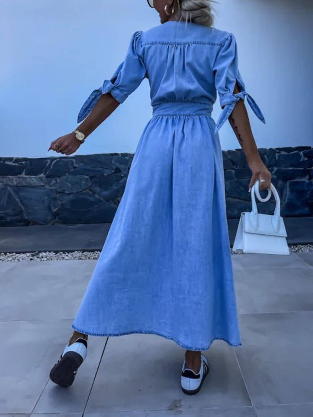Unique Pleats Solid Color V-Neck Button-Down Denim Midi Dress
