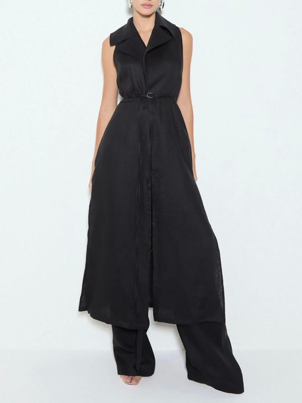 Exquisite Savina Linen Blend Lapel Midi Vest Tops