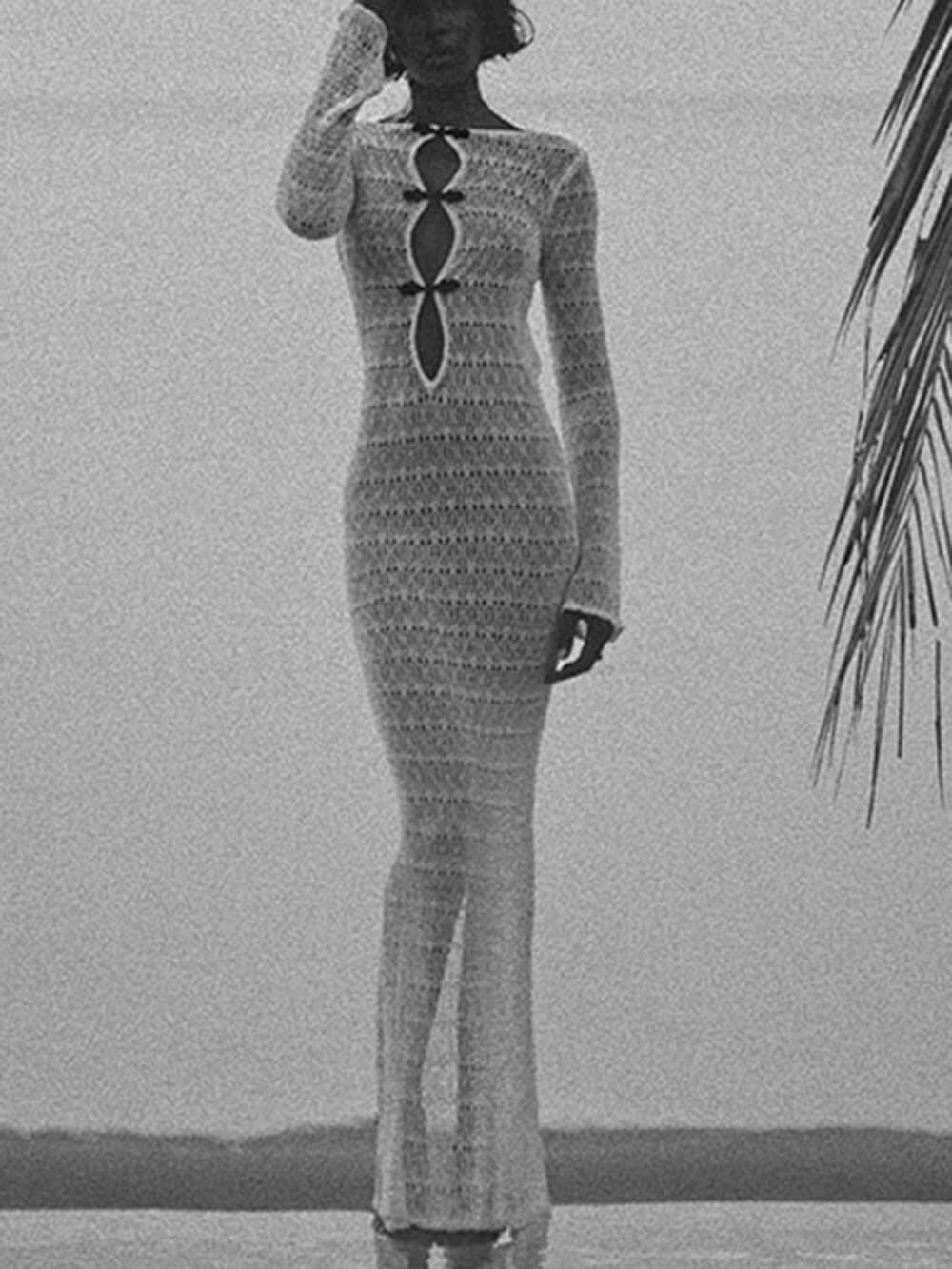 Retro Knit Contrast Spiral Trim Cutout Long Sleeve Vacation Maxi Dress