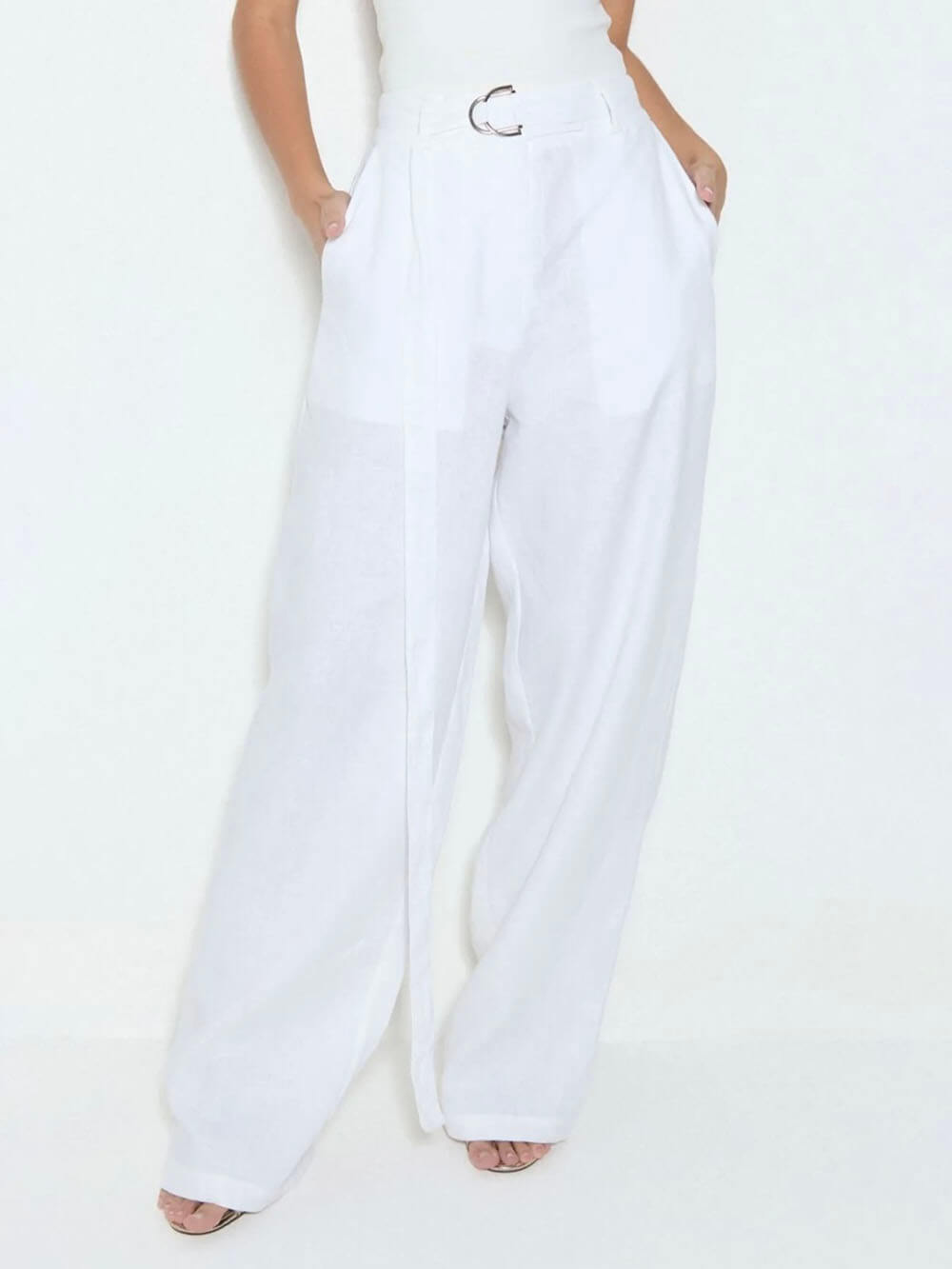 Exquisite Savina Linen Blend Pocketed Wide Leg Pants