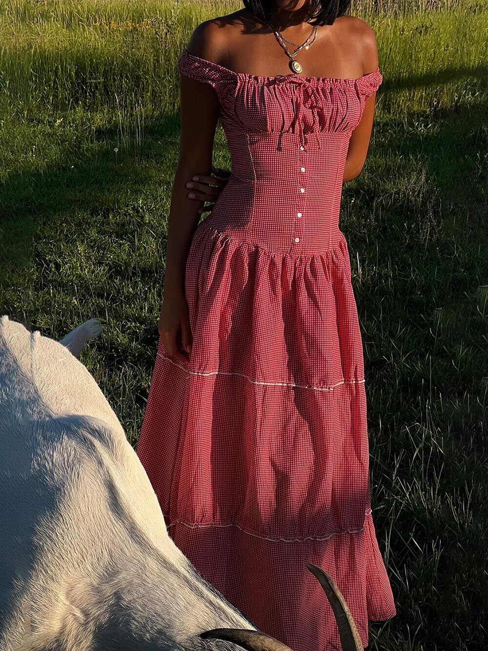 Vintage French Check Print Suspenders Drawstring Pleated Ruffle Maxi Dress