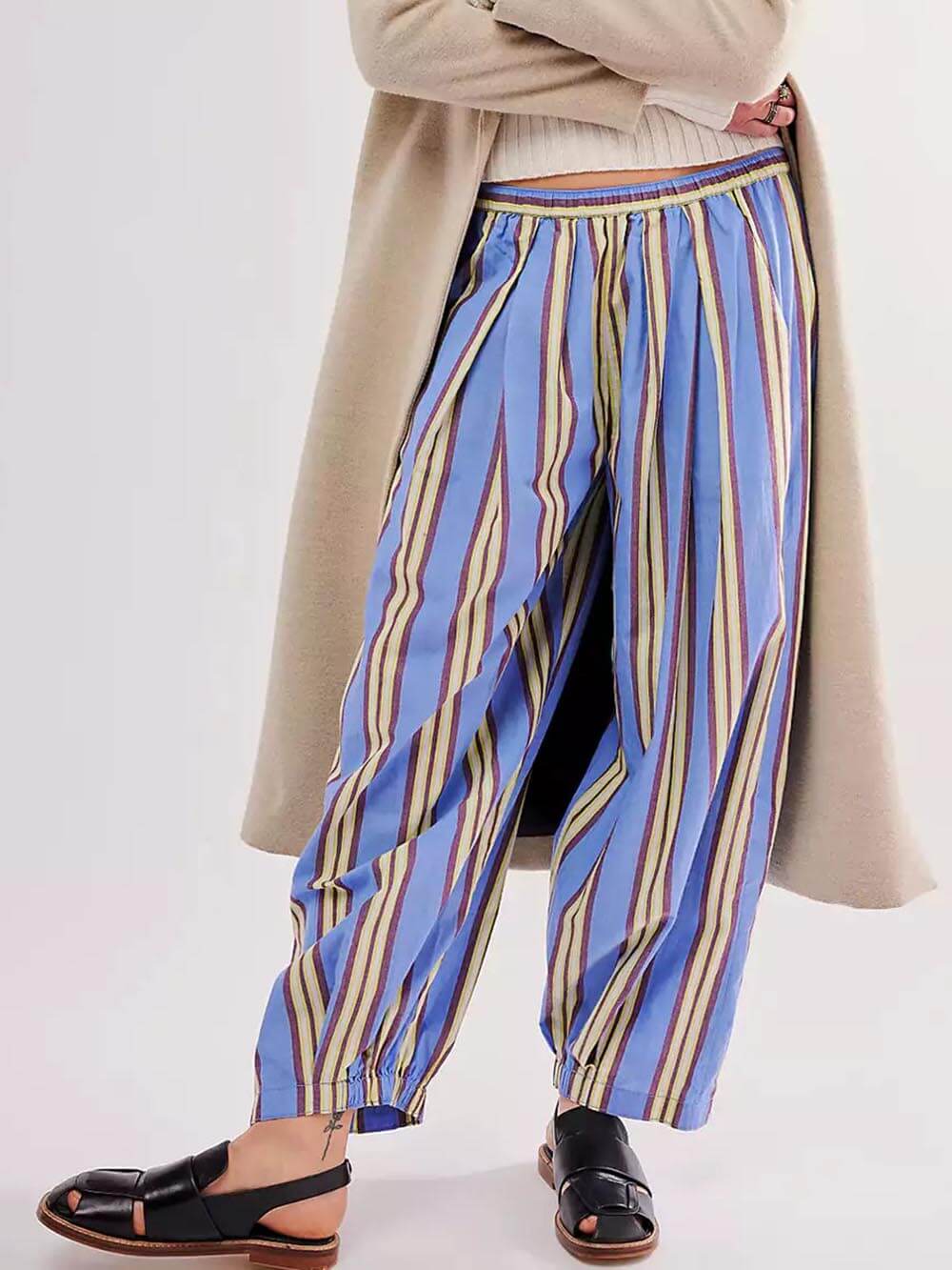 Classic Stripe Print Elastic Cuff Carrot Pants
