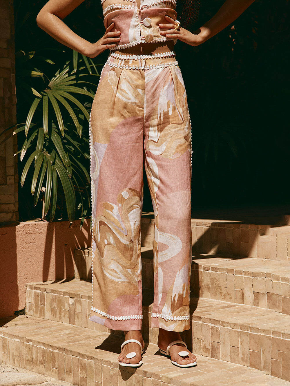 Summer Linen Blend Flowers Trims High Rise Pocket Loose Pants