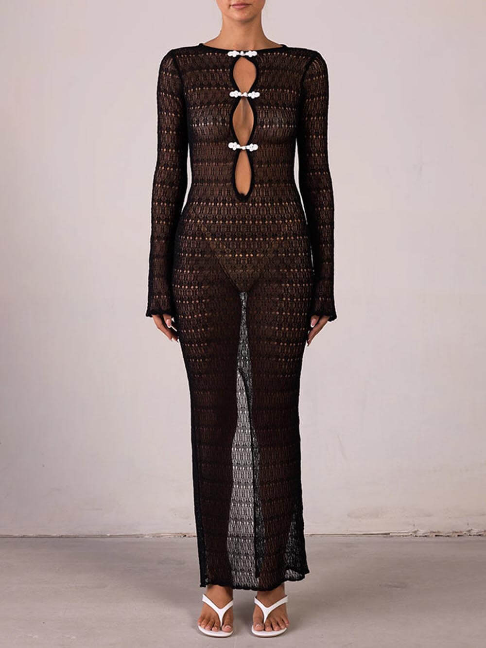 Retro Knit Contrast Spiral Trim Cutout Long Sleeve Vacation Maxi Dress