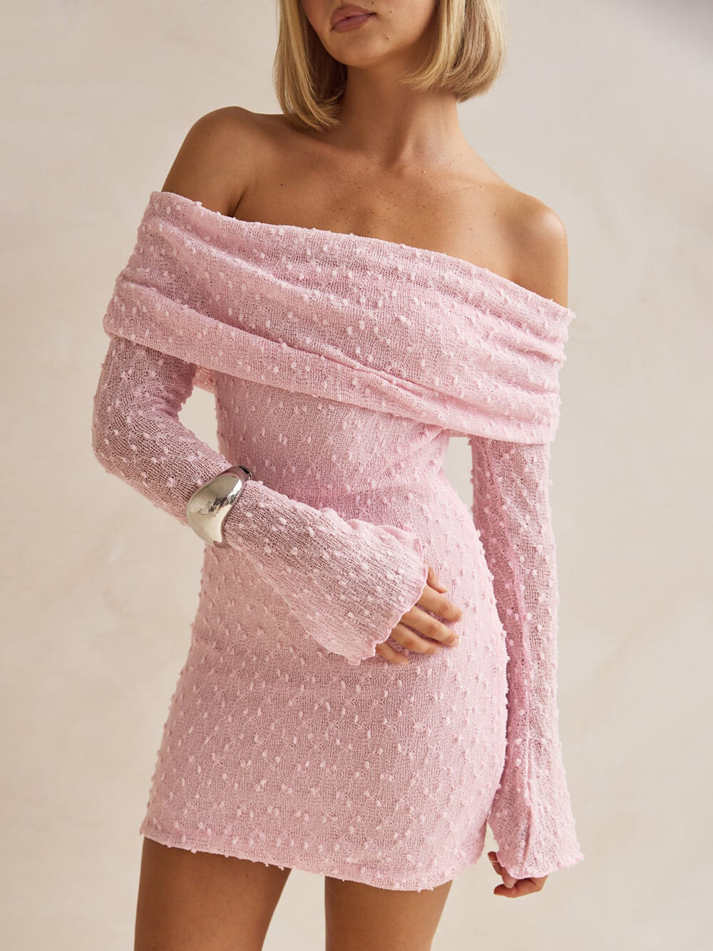 Summer Boucle Knit Off-The-Shoulder Neckline Prom Mini Dress