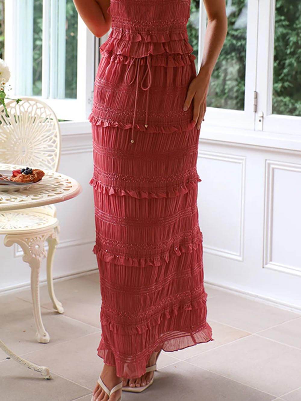 Charm Pleated Drawstring Elastic Waist Tiered Maxi Skirt