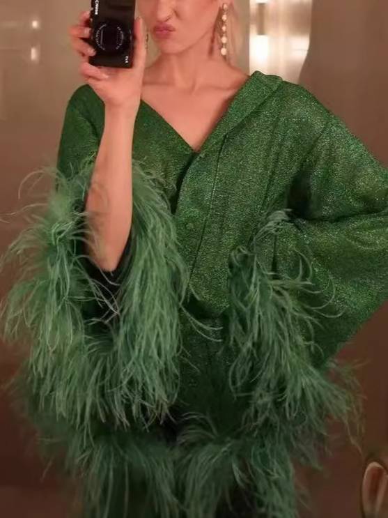 Feather Stand Collar Shirt Wide-leg Pants Suit