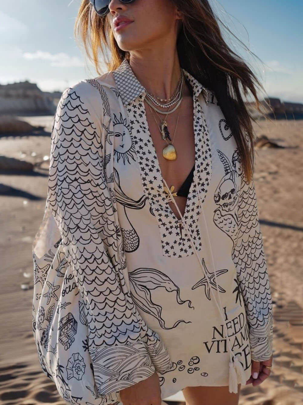 Unique Live By Water Satin Print Tassle Shirt and Elastic Waist Shorts Set