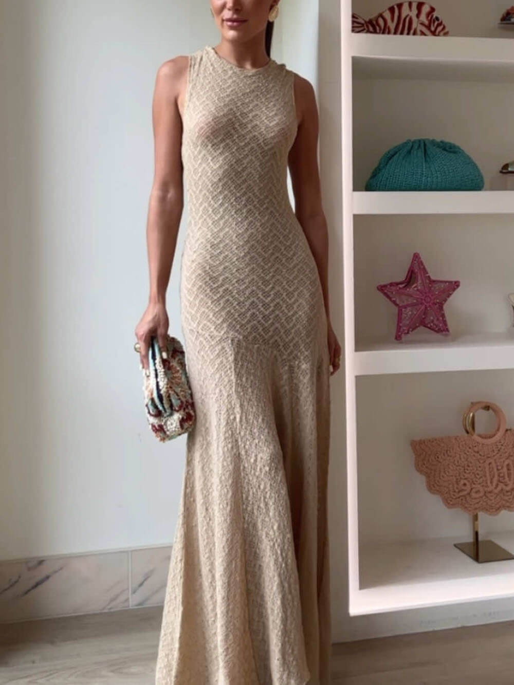 Elegant Lace Hook Open Back Asymmetric Hem Flared Waist Maxi Dress