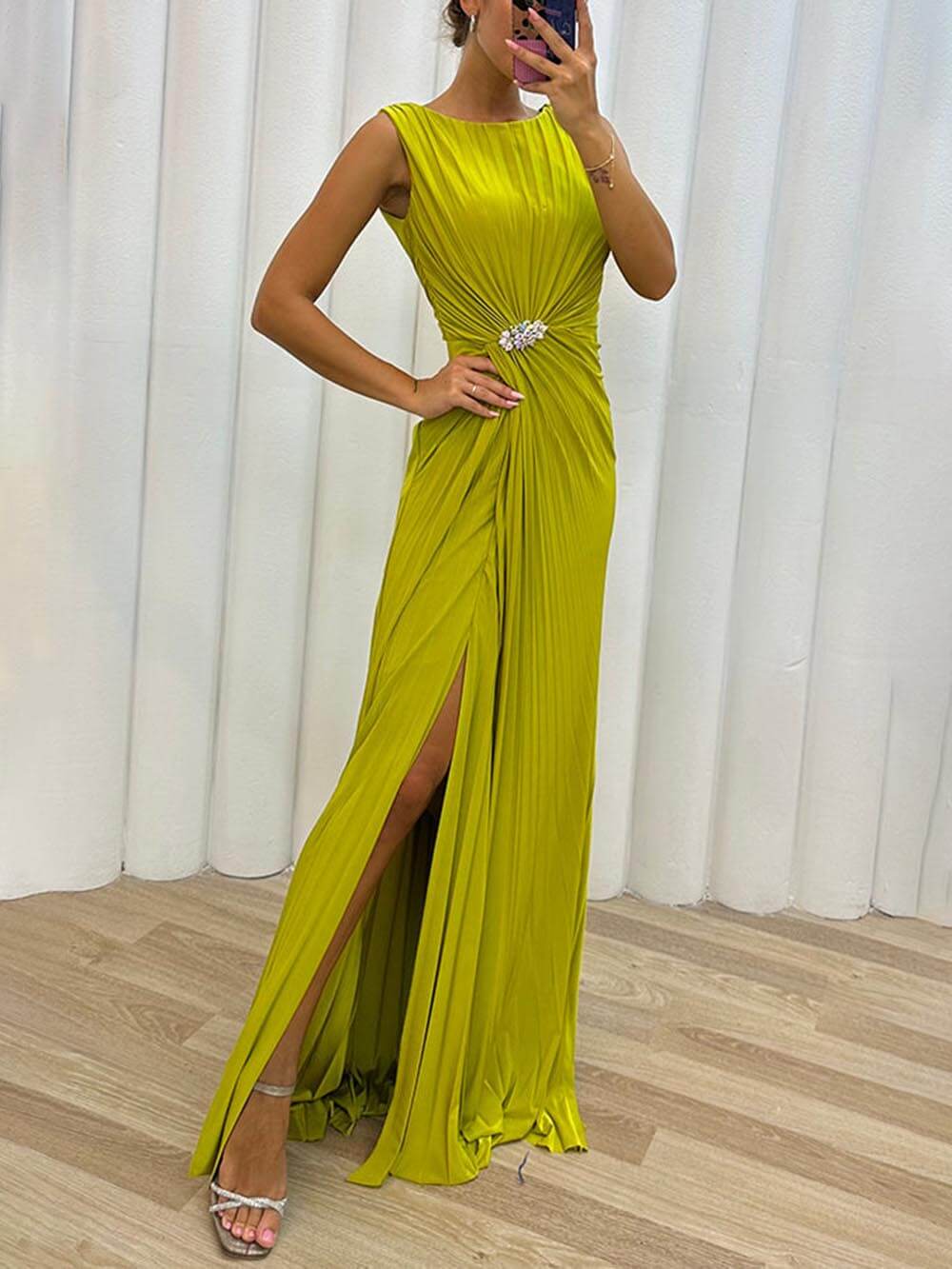 Special Pleated Embellished Slit Evening Maxi Dress