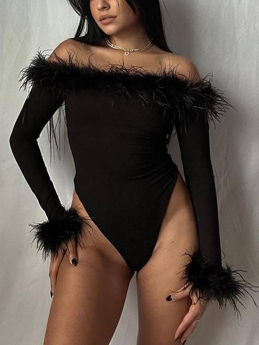 Furry Patchwork Off-shoulder T-shirt Bodysuit