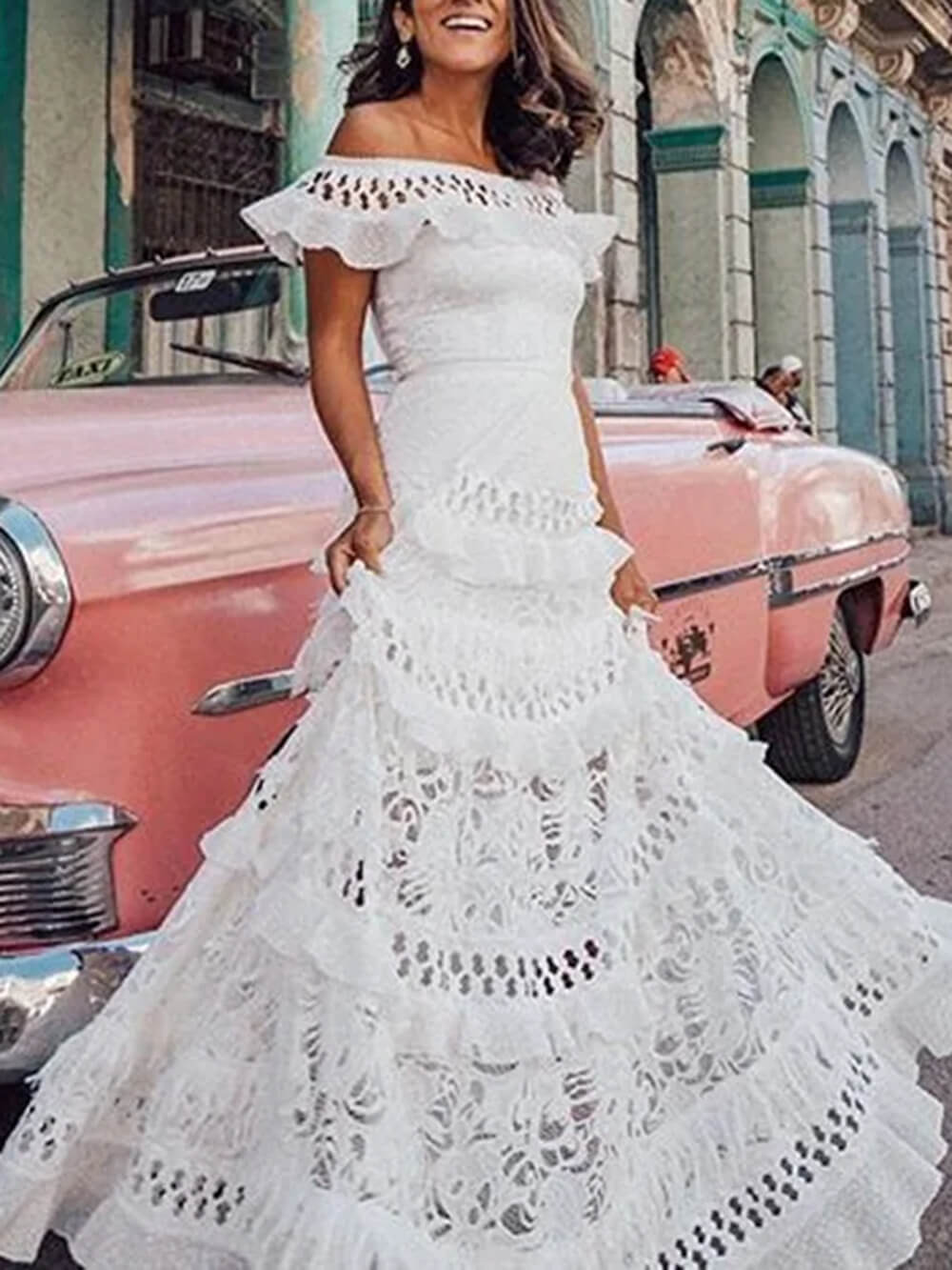 One-Shoulder Ruffled Hollow Swing Lace Patchwork Long Dress