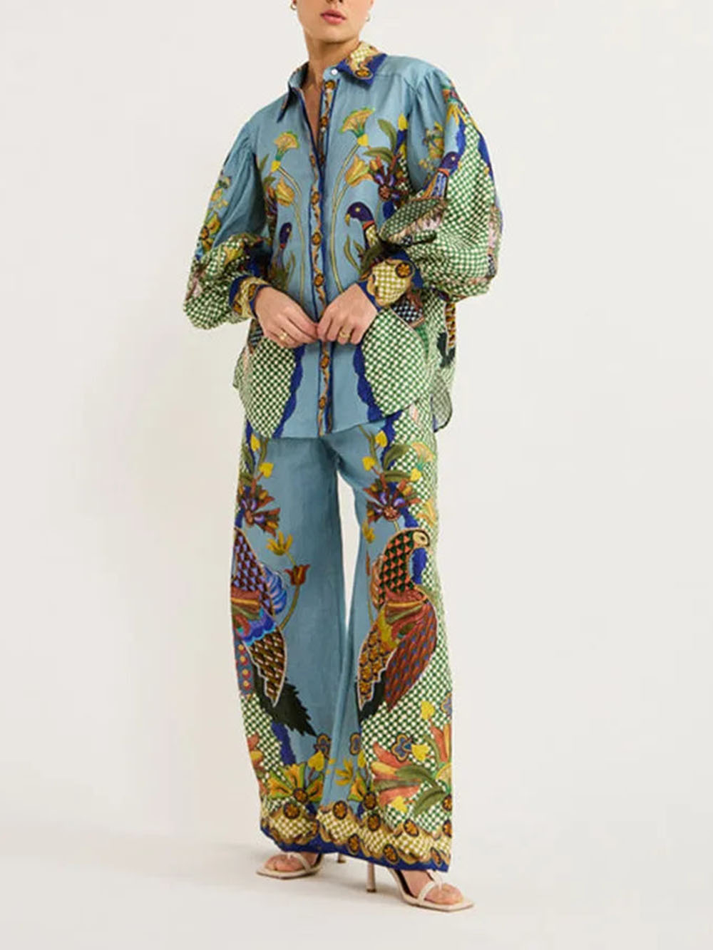 Unique Printed Puff Sleeve Holiday Casual Lanyard Suit