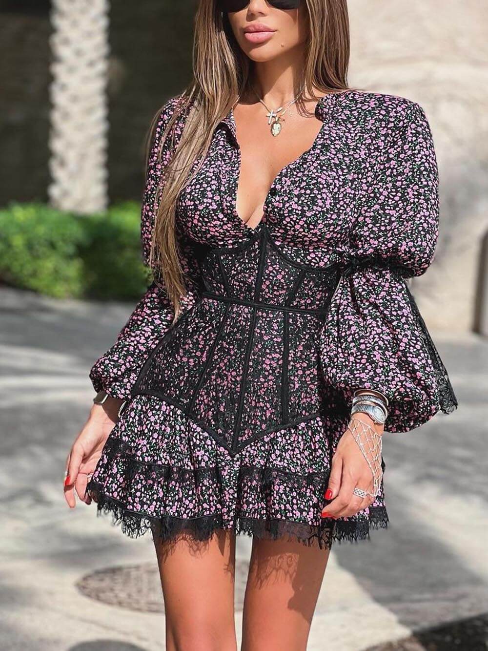 Sweet Floral Print Waisted Long Sleeve Lace Mini Dress