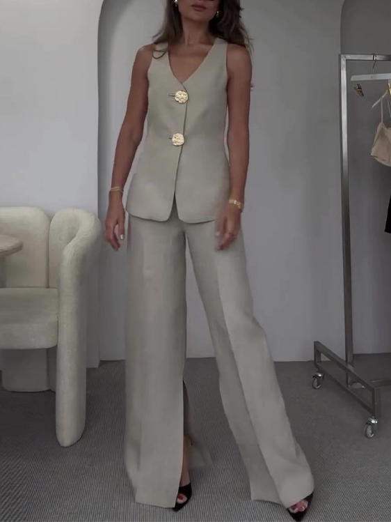Slim-Fit Vest Slit Wide Leg Pants Suit