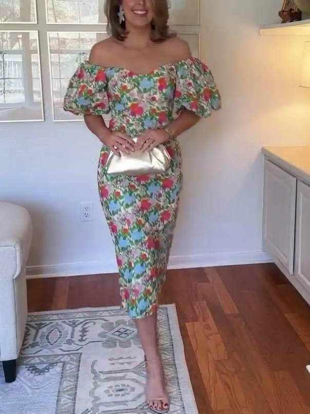 Bubble-Sleeve Floral Dress