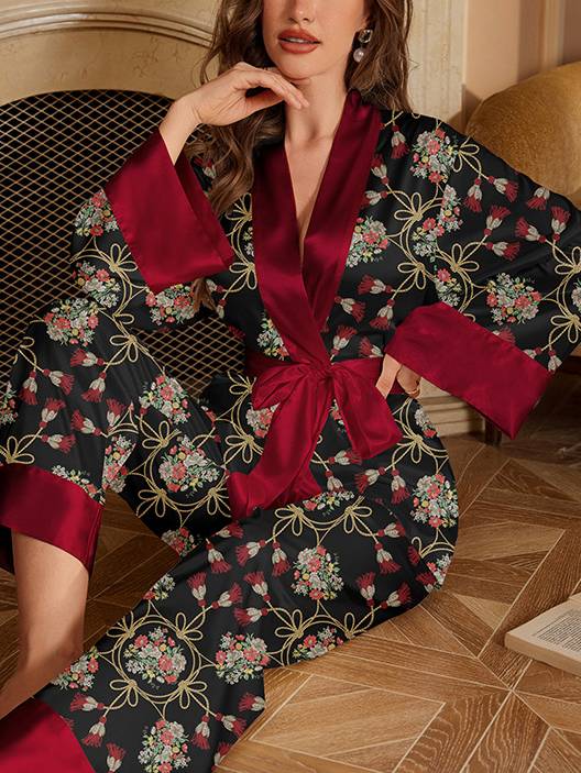 Printed Satin Long-Sleeve Pants Two-Piece Home Wear