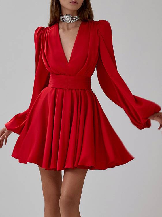 Pleated Bubble Sleeve Waist Seal Dress