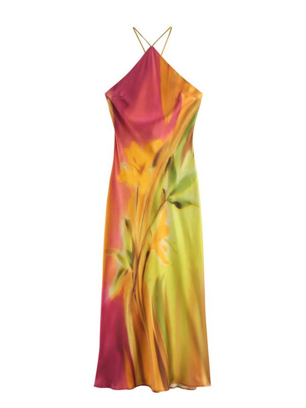 Satin Printed Backless Dress