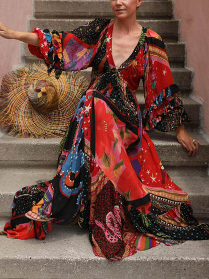 Bohemian Floral Print Patchwork Buckle Flounce V Neck Maxi Dress