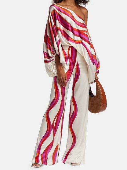 Printed Dolman Sleeve Wide Leg Pants Set