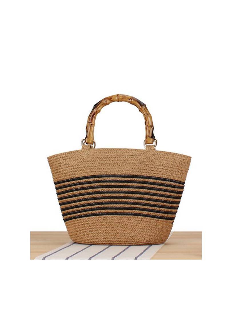 Bamboo Handle Striped Contrast Color Straw Handbag