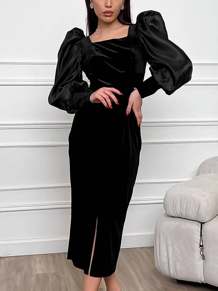 Square Neck Bubble Sleeve Front Slit Dress