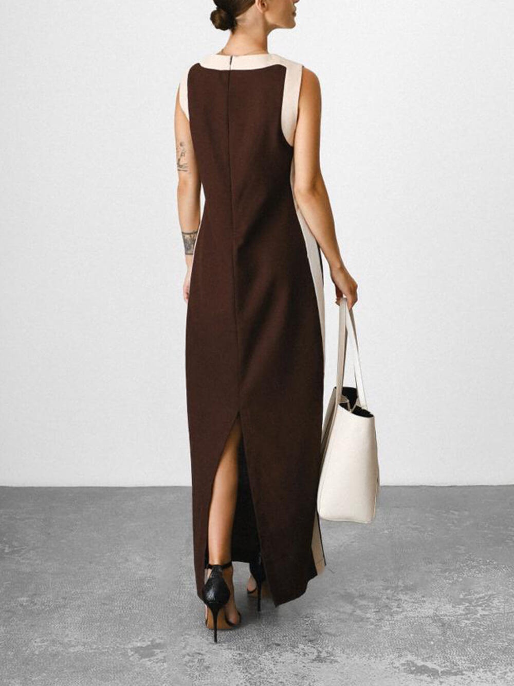 Unique Retro Colorblock Belted Linen Maxi Dress