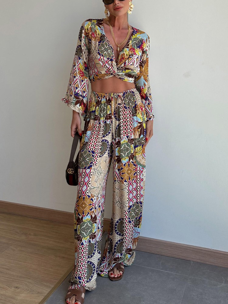 Retro Plant Print Short Shirt