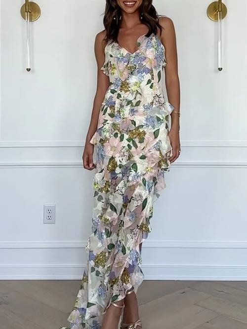 Suspender Printed Ruffle Dress