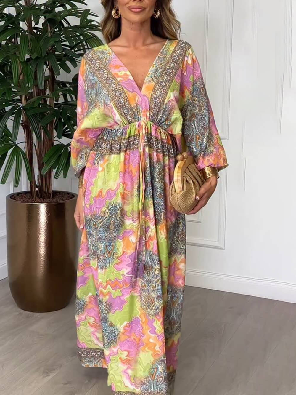 Summer Bold Floral Print Elastic Waist Backless Slit Casual Maxi Dress